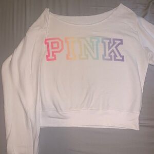 Victoria's Secret Pink White Rainbow Logo Off the Shoulder Top